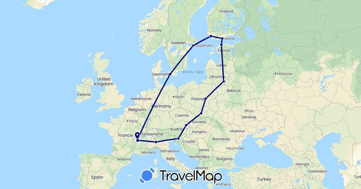 TravelMap itinerary: driving in Austria, Denmark, Estonia, Finland, France, Italy, Lithuania, Poland, Sweden, Slovenia (Europe)